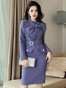 Kadınlar için Kadınların Zarif Moda Midi Elbise Mor Tüvit Parlak İpek Tassel Kemer Robe Profesyonel İş Ofisi Leydi Vestiod 240106