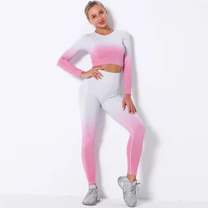 Calças femininas de duas peças Dip Dye Mulheres sem costura Sport Sets Outfits 2 Leggings Manga Longa Crop Top Workout Gym Terno Fitness Running