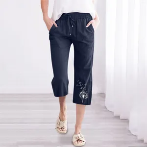 Kadınlar için Pantolon Yazlar İçin Yaz Çizme Elastik Yüksek Bel Keten Pantolon Düz Geniş Bacak Kırpılmış Pantolon