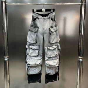 Kvinnors jeans 2024 Autumn Collection Multi Pockets Gradient Gray Denim Cargo Pants Women Long GL047