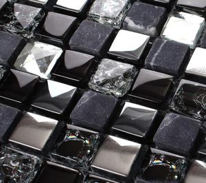 Siyah Kristal Cam Taş Mozaik Mutfak Backsplash Fayans SGMT165 Gümüş Elmas Cam Duş Duvarı Banyosu2023524