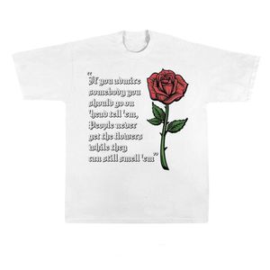 Fashion Casual Men's Kanyes Classic Designer Luxury Rose Print Lyrics Kort ärm T-shirt Hip Hop Top