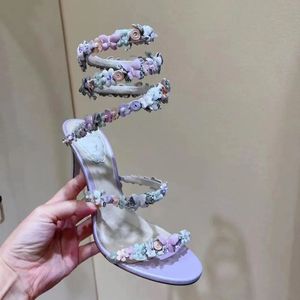 2024 Crystal Decoration Sandaler Rene Caovilla Stiletto Women Evening Dress Shoes 9.5cm Purple Flowers Serpentine Wraparound Luxury Designer Women's High Heels35-43