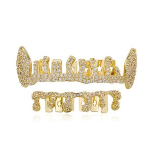 18k amarelo branco banhado a ouro completo cz hip hop gelado para fora cz boca dentes grillz tampas superior inferior grill conjunto masculino feminino vampiro grills