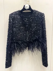 Czarny Xiaoxiang MAJE krótki płaszcz dla kobiet 2024 Autumn/Winter Cearów Pióro Pióra Tassel gruby tweed top