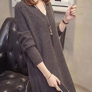 Women's Sweaters Autumn Winter Sweater Cozy V-neck Dress For Women Thick Knitted Warm Midi Pullover Soft Loose Fall Knitwear Long