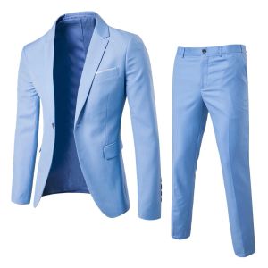 Erkekler Damat için Düğün Takım En İyi Adam Groomsman 2023 Saf Renk Zarif Blazer Pant Seti İnce Erkekler Resmi Elbise Takım
