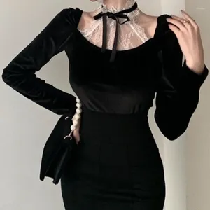 Kvinnors blusar Kvinnor långärmad retro Slim Tops Lace Design Korean Fashion Black Vintage Blouse Office Lady Evening Party Clothing 2024