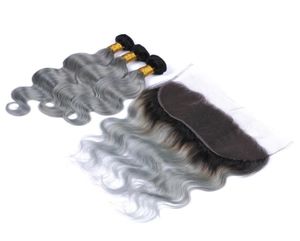 Virgin PeruVian Ombre Human Hair 3Bundles med 13x4 spets frontala kroppsvåg 1Bgrey Two Tone Human Hair Weaves With Frontals Silver2887176