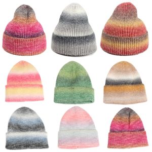 Tie-dye gradient stickad hatt för kvinnliga europeiska och amerikanska regnbågen varm förtjockad ullhatt pekad hatt