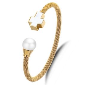 ladies fashion white pearl charm gold plated wire stainless steel bracelet cuff bangle1135181