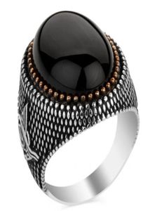 Anéis de obsidiana vintage feitos à mão, joias turcas para homens e mulheres, cor prata antiga, zircônia preta, contas douradas, muçulmano 5418481