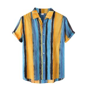 ファッションレトロストライプの男性Sシャツ夏休みコントラスト色の半袖シャツブラウスルーズカジュアルカラーハワイアンシャツ