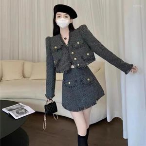 Work Dresses Fragrant Style Tweed Jacket Tassel Coat Puff Sleeve Grey Suits Two Piece Sets Outifits Woolen Tailored Female Skirts