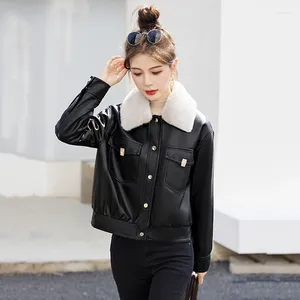 Women's Leather Women Autumn Winter Black Thicken Jacket Casual Fashion Warm Fur Collar Plus Velvet Loose Short Coat Split