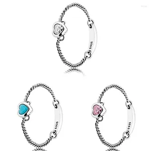 Anelli a grappolo Autentico cuore scintillante blu in argento sterling 925 con anello di cristallo per le donne Gioielli di moda per la festa di nozze in Europa