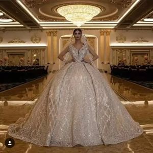 Stunningbride 2024 Luxury Fashion Champagne Ball Gown Wedding Dress V Neck Lace Appliqued Crystal Beading Plus Size Bridal Gowns Custom Made