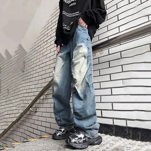 Erkekler Kot 2024 Sokak Vintage Piled Tasarım Y2K Moda Sıradan Bol Geniş Bacak Jean Hip Hop Mavi Denim Düz Pantolon