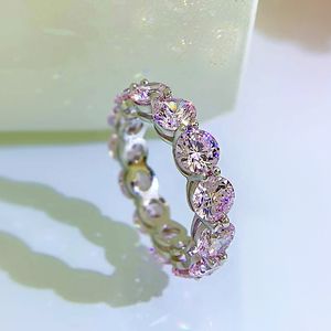 2024 Anelli di nozze di vendita superiore Gioielli di lusso Soild 100% Argento sterling 925 5 mm Taglio rotondo Rosa Moissanite Pietre preziose di diamanti Promessa Anello da sposa per donna per regalo amante