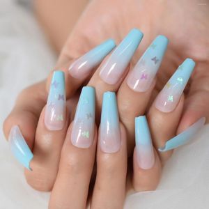 False Nails Shiny Ombre Grandient Blue French Ballerina Press On Extra Long 3D Butterfly Coffin Gel Glue Fake Fingers