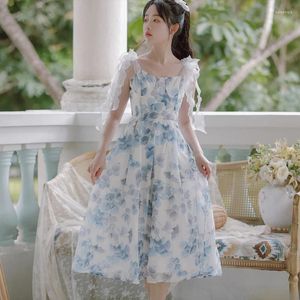 Casual Dresses Women's Printed Blue Gentle Fairy Summer Vestidos 2024 Bow Tie Chic ärmlös Romantisk festklänning Robe Femme