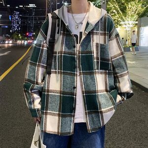 Jaquetas masculinas 2024 inverno faculdade estilo xadrez jaqueta com capuz homens solto moda tecido de lã masculino hip hop grosso coreano casal casaco