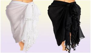 Mode kvinnor sommar badkläder bikini coverups cover up beach maxi lång wrap kjol sarong klänning svart och vit9748452