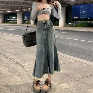 Kvinnor retro blå denim kjol hög midja tunna en linje lång jeans kvinnlig koreansk version 240106