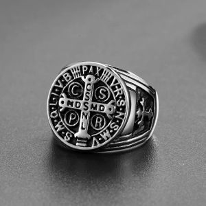 Band Rings Men CSPB CSSML NDSMD Saint Benedict of Nursia Ring 14k Gold Religious Jesus Christ Medieval Cross Rings Jewelry