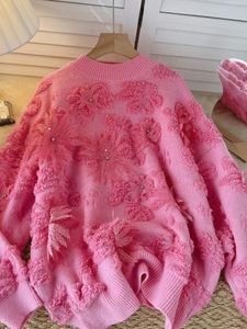 Winter Retro Joker Sweater Women Lazy Casual Crochet Beading Floral Loose Pullover Top Ladies Leisure Outside Knitwear 240106