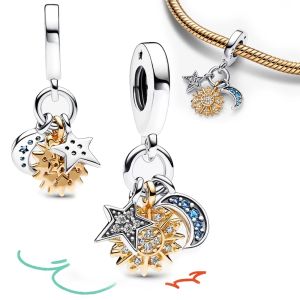 الأصلي 925 Sterling Silver Sun Moon Star Triple Senestial Dangle Charm Fit Pan Bracelet Bangle المجوهرات الراقية DIY