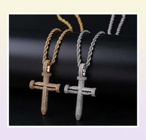 Hip Hop Nagel Kreuz Diamanten Anhänger Halsketten für Männer Luxus Kristall Anhänger Kupfer Zirkone 18 Karat Gold platiniert Liebhaber Kette3475724