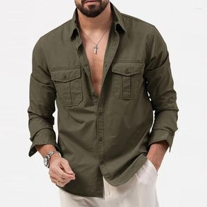 Chemises décontractées pour hommes automne à manches longues boutonné col rabattu chemise hommes hauts Vintage couleur unie poches plaquées hommes Cargo