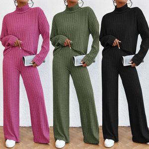 Spring Trouser Suits Women Streetwear Sets Solid Color Long Sleeve Half High Collar Knitted SweaterElastic Trousers 2 Piece 240106