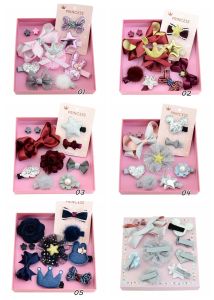 5pcs New Design Girls Kids Lovely Hairclip Heart Star Bow Crown Fur Ball Flower Print Ribbon Bow Hair Accessory BJ