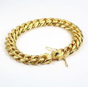 Bracciale a catena cubana Miami in oro riempito Bracciale con doppia sicurezza Hip Hop Gioielli in acciaio inossidabile con collegamento a cordolo alto lucido 9938904