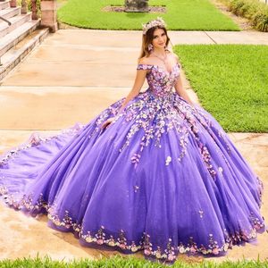 Purple Shiny Princess Quinceanera Dresses Ball Gown Off The Shoulder 3D Floral Lace Tull Corset Sweet 15 Vestidos De XV Anos