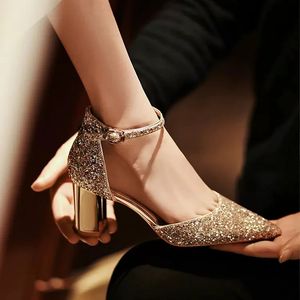 Lusso oro argento paillettes tacchi alti pompe donna punta a punta cinturini alla caviglia scarpe da sposa donna scarpe col tacco spesso scarpe da festa 240106