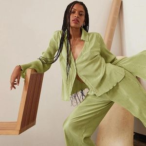 Calças femininas de duas peças primavera outono elegante ternos femininos verde manga longa botão até camisas perna larga define streetwear 2 peças outfits