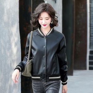Women's Leather M-4XL Faux Jackets Women Clothes 2024 Spring Autumn Black Ladies Pu Coat Round Neck Loose Long Sleeves