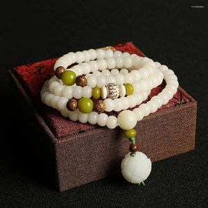 Strand feminino corrente de mão pingente de lótus 108 contas de buda estilo chinês pulseiras bodhi branco jade