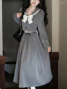 Work Dresses Gray Korean College Style Skirt Suit Women Sweet Elegant Two-piece Set Winter 2024 Navy Collar Blouse Pleated Party Midi