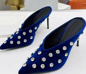 Slippers Summer Pointy Toe Velvet High Heel Crystal Women Brand Fashion Rhinestone Mules Sexy Dress Party Pumps Shoes Femme