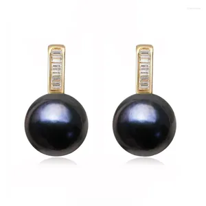 Stud Earrings Tahitain Black Pearl For Women Real 14K Yellow Gold Wedding Bridal