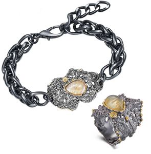 Set di anelli per bracciale a catena spessa regolabile Set di gioielli con pietra a goccia grande da 2 pezzi per donna9641793