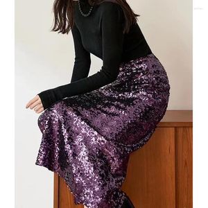 Saias lantejoulas para mulheres elegantes primavera outono moda coreana brilhante roxo longo envoltório hip saia lateral fenda magro vestidos românticos