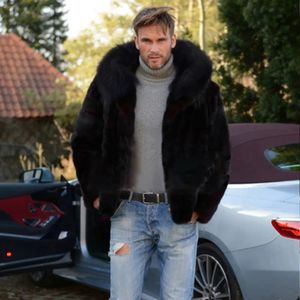 Män faux räv päls höst vinter män mode långärmad varm huva faux päls svart casual män jackor cardigan coat 240106