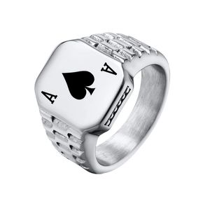 Mens Poker Spade Ace Rings Lucky Gift Jewelry, Waterproof 14K White Gold Simple Square Shaped Signet Statement Ring Ring