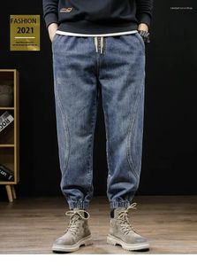 Calças de brim masculinas casuais homens soltos corredores streetwear harem calças de carga tornozelo-comprimento denim calças cintura elástica lavada