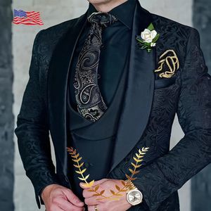 Abito da uomo floreale formale smoking smoking smoking in tre pezzi abiti da festa nera slim fit design elegante 240106
